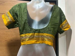 🌿 Elegant Green Cotton Silk Saree with Blouse🌿