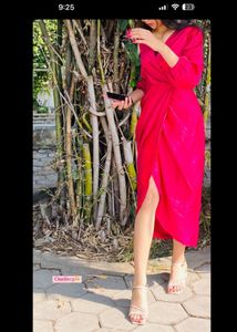 Hot Pink Satin Wrap Dress