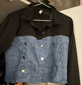 Black &amp; blue denim cropped shirt