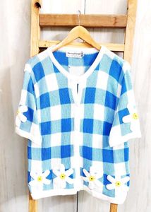 Blue Plaid Floral Cardigan size-40