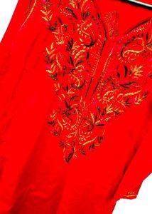 Handwork Chickenkari Red Embroidered Kurta