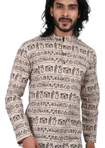 Men Printed Pure Cotton Straight Kurta (Beige)