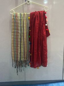 Cotton Stole Red And Multi Colour