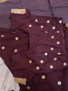 Maroon &amp; Gold Embroidered Saree Set