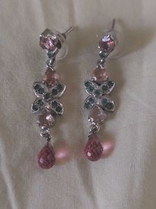 Long Silver drops with emeralds, pink tourmalines