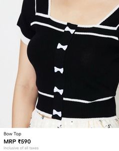 White Cropped Bow Top With Black Ribbons