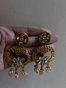Golden Lotus Pink Beads Earings