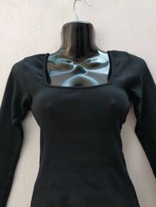 Black Ribbed Square Neck Top