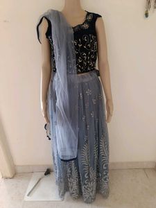 Grey Net Lahanga Blouse And Dupatta