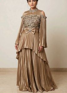 Gold Pleated Cold Shoulder Gown