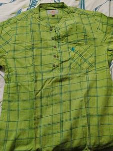 Green Half Sleeve Kurta Linen