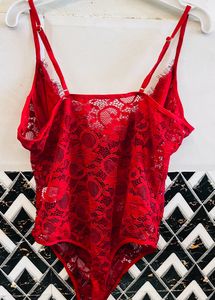 Women Red Lace Bodysuit 90&#39;s