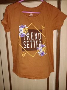 Active Women's Orange Printed Round Neck Pure Cotton T-shirt