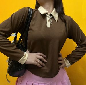 Brown Ribbed Polo Long Sleeve Top