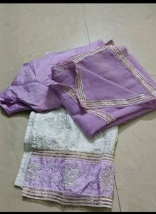 white & Lavender Churidar With Dupatta And Pant