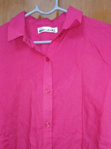 ZARA Essentials Solid Hot Pink Cotton Shirt (L)