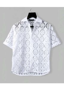 White Lace Crochet Short Sleeve Shirt