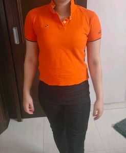 Women Orange Cotton Casual Polo Tshirt