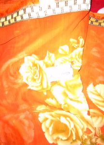 Floral Print Orange Saree