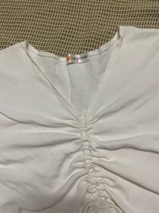 White Ruched Drawstring Top