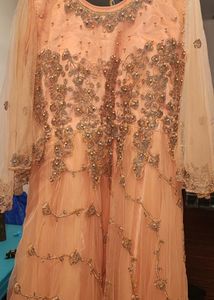 Peach Party Wear Gown Zari And Pearl Work