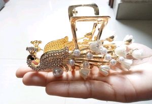 Peacock Golden With Pearl Beads Metal Hair Claw