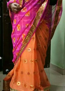 Pink Orange Embroidered Saree