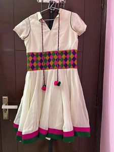 White Gher Dress Kurti With Colourful Border And Dori