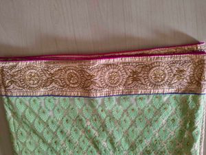 Parrot Green And Off White Sari With Stitch Blouse