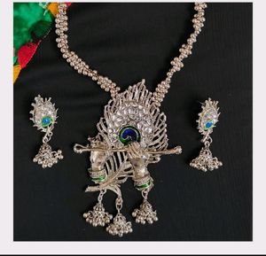 Silver Oxidized Krishna Long Necklace