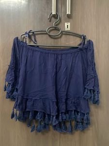 Blue Tassel Off-Shoulder Top