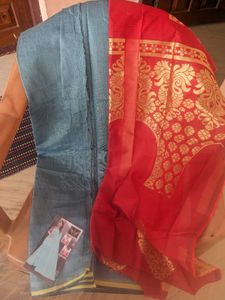 Elegant Cotton Ice Blue Saree with design blouse