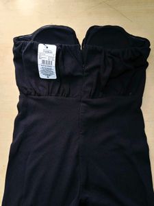 Strapless Notched Pleated Flared Jumpsuit