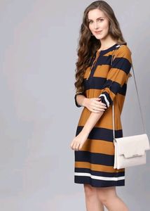 Sassafras Rustybrown And Navyblue Striped Dress, Bustsize-36