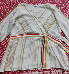 AND V Neck White &amp; Multicolour Wrap Top