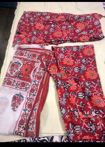 Red Printed Kurta With Trouser & Dupatta