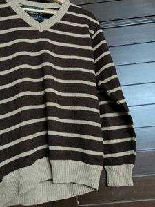 Men brown Striped V-Neck Sweater