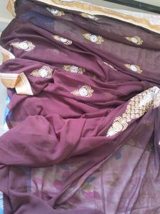 Embroidered marron Saree attach bouse Pisce