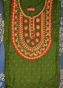 Women Olive Green Embroidered Kurti