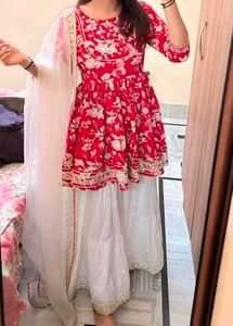 Red Floral Kurti &amp; White Sharara