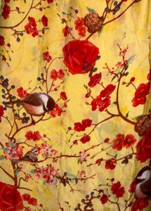 Yellow Floral Bird Print Satin Saree