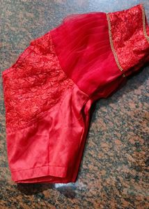 Red Netted Work Blouse With Net Puff Sleeves.