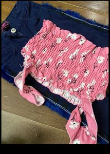 Cute Pink Floral Top &amp; Fringed Jeans Set
