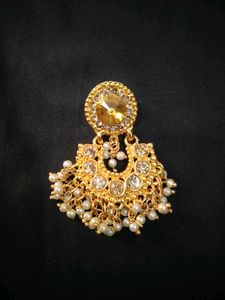 Gold Plated Bridal White Stone Earrings Maang Tika