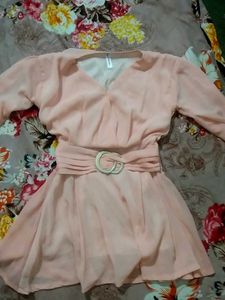 Pink V-Neck Long Sleeve Mini Dress