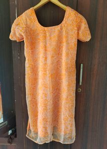 Orange And Beige Crepe Kurta Suit Set | Bust Upto 38 | Waist Free Size