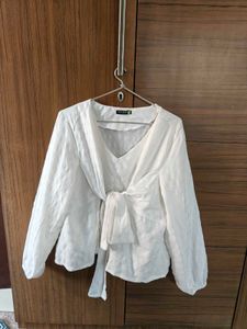 White Knot-Front Long Sleeve Top