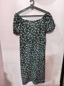 White Floral On Black Slit Dress