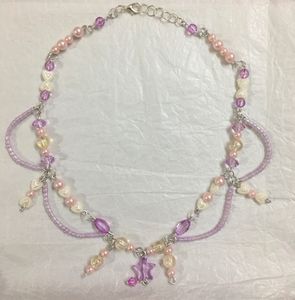 Fairy Purple crystal&amp;Pink Bead Loop Necklace