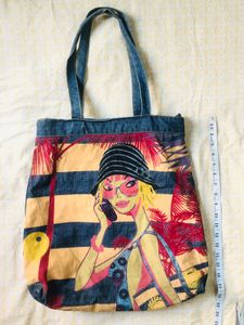 Denim Tote Bag with Funky Print